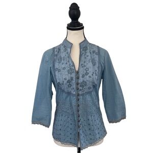 George Dusty Blue Embroidered Button-Front Women's Top